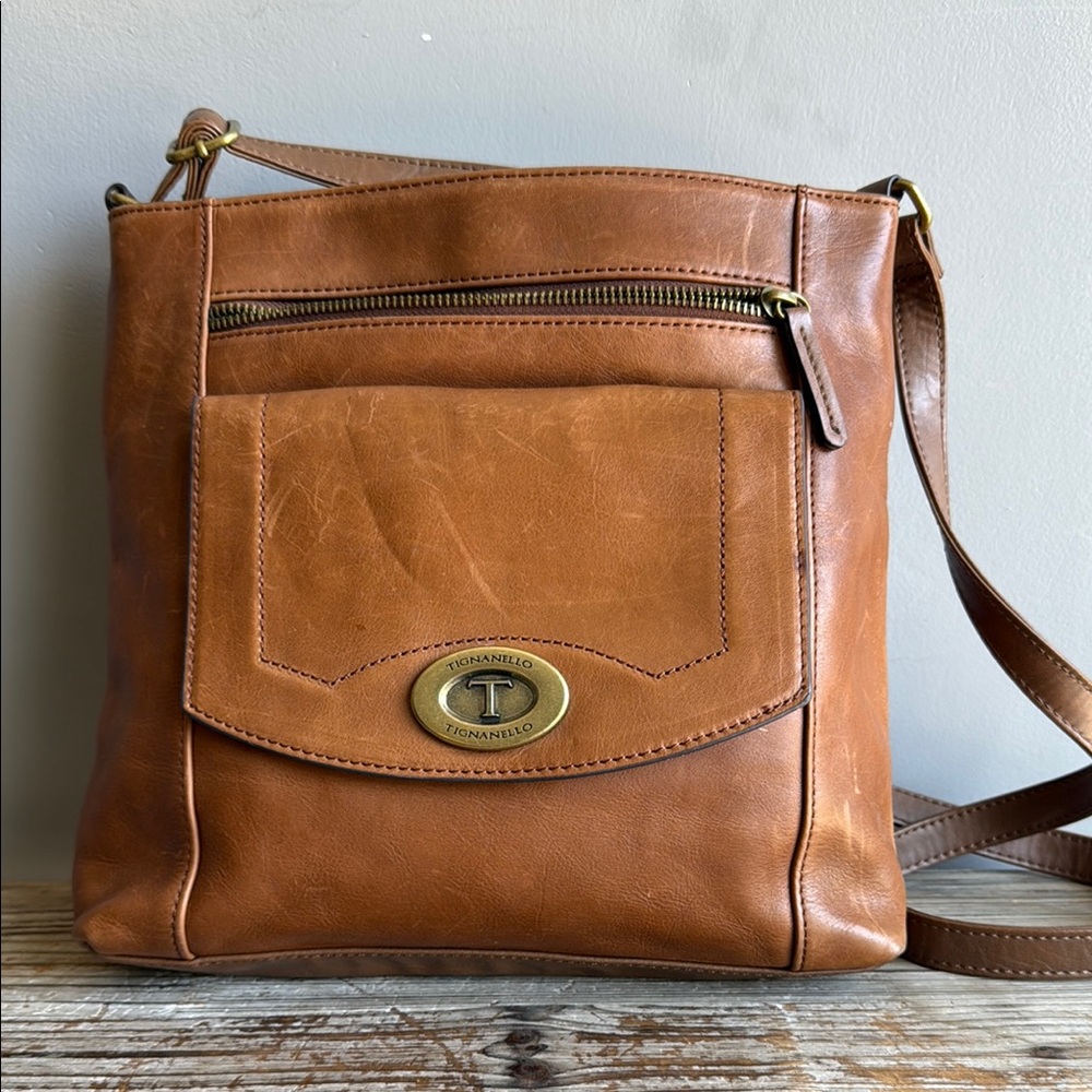 Tignanello Tan Messenger Bag with Adjustable Strap and Structured Design